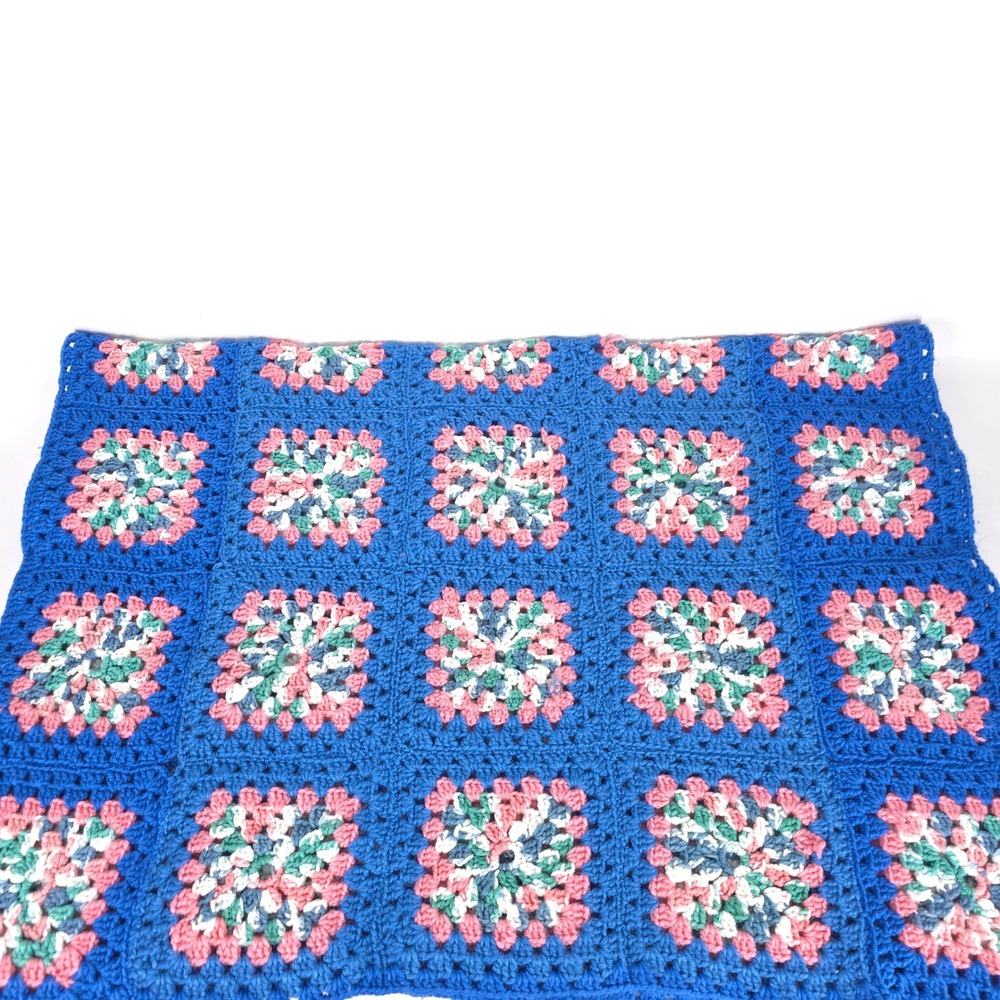 Handmade Blue Pink Crochet Granny Square Afghan 50x35 Vintage Throw Blanket‎